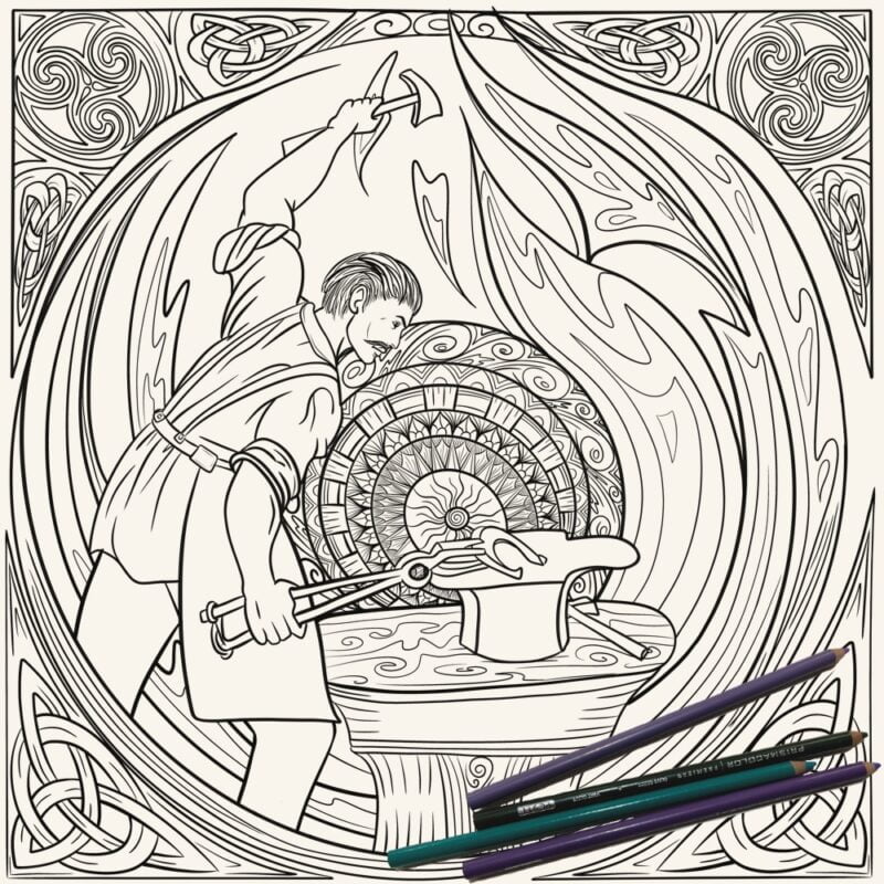 Medieval Blacksmith Adult Colouring Page with Mandala Background
