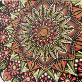 Red and olive green round Mandala