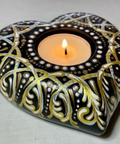 heart shaped painted tealight candle holder in gold tones with swirls