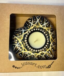 Gift Boxedheart shaped painted tealight candle holder in gold tones with swirls