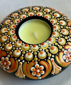 Unique Hand-painted Tea-light Candle Holder Gift Boxed, Orange, Red, Gold & Black