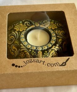 Unique Hand-painted Heart Tea-light Candle Holder Gift Boxed, Green, Gold & Black