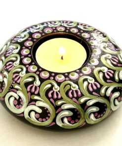 Unique Hand-painted Round Tea-light Candle Holder Gift Boxed, Green, Purple & Pearl White