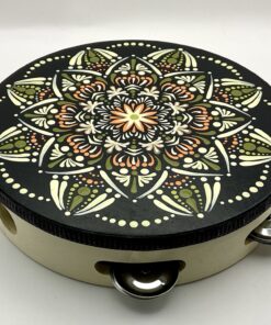 Tambourine Hand Painted with Green, Orange and Cream Mandala Design 20cm