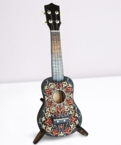 Hand-painted 53cm Soprano Ukukele Decorative Mandala Dot-art Style Red, Green & White on Black